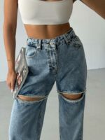 Женские Голубые Джинсы Палаццо с Вырезами Украшенные Стразами