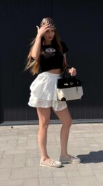 Женская Белая Юбка Мини с Рюшами и Кружевом + Подкладка Шортиками