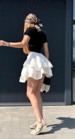 Женская Белая Юбка Мини с Рюшами и Кружевом + Подкладка Шортиками