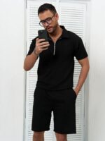 Мужской Дышащий Летний Черный Костюм - Футболка Поло + Шорты
