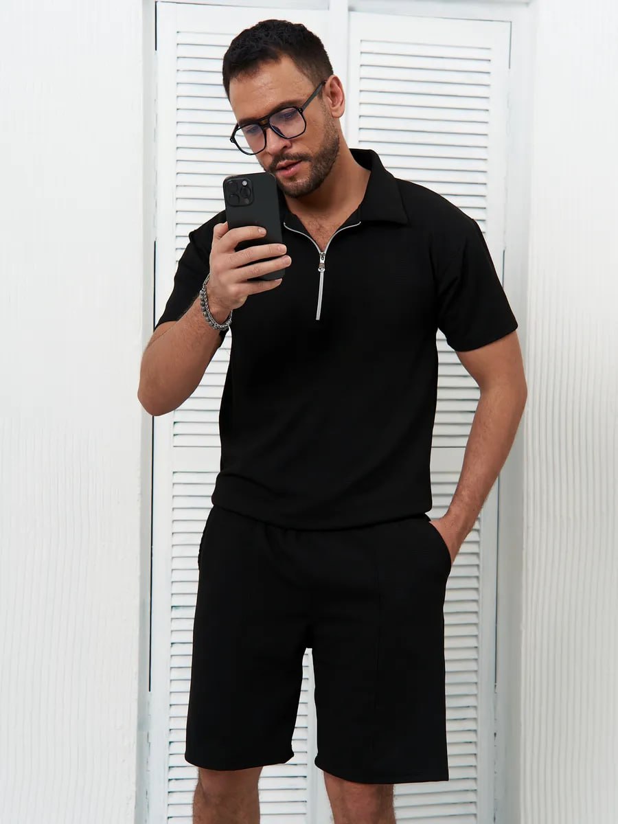 photo_2025-06-19_14-29-57 Мужской Дышащий Летний Черный Костюм - Футболка Поло + Шорты