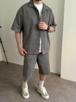 Мужской Серый Летний Костюм Варенка Оверсайз (Рубашка + Шорты)