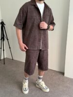Мужской Коричневый Летний Костюм Варенка Оверсайз (Рубашка + Шорты)