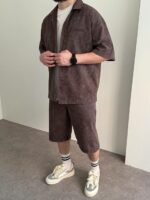 Мужской Коричневый Летний Костюм Варенка Оверсайз (Рубашка + Шорты)
