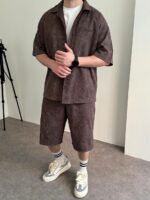 Мужской Коричневый Летний Костюм Варенка Оверсайз (Рубашка + Шорты)