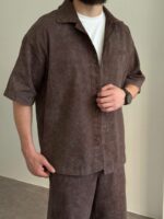 Мужской Коричневый Летний Костюм Варенка Оверсайз (Рубашка + Шорты)