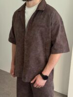 Мужской Коричневый Летний Костюм Варенка Оверсайз (Рубашка + Шорты)