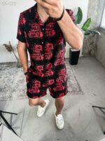 Мужской Черный Летний Пляжный Костюм Комплект Принт - Рубашка Гавайка + Шорты