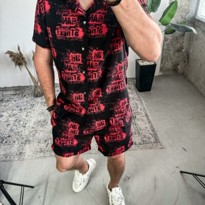 Мужской Черный Летний Пляжный Костюм Комплект Принт - Рубашка Гавайка + Шорты