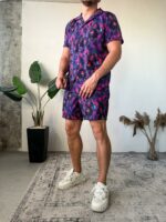 Мужской Фиолетовый Летний Пляжный Костюм Комплект в Принт - Рубашка Гавайка + Шорты