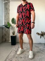 Мужской Черный Летний Пляжный Костюм Комплект в Принт Красный Перец - Рубашка Гавайка + Шорты