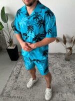 Мужской Легкий Летний Голубой Костюм Софт в Принт Пальмах - Рубашка Гавайка + Шорты