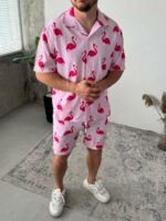 Мужской Легкий Летний Розовый Костюм Софт в Принт Фламинго - Рубашка Гавайка + Шорты