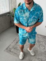 Мужской Легкий Летний Голубой Костюм Софт в Принт Море - Рубашка Гавайка + Шорты