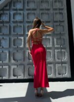 Женское Легкое Длинное Красное Платье на Бретелях с Шнуровкой на Спине