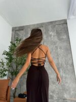 Женское Легкое Длинное Коричневое Платье на Бретелях с Шнуровкой на Спине
