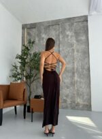 Женское Легкое Длинное Коричневое Платье на Бретелях с Шнуровкой на Спине