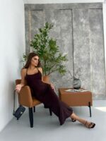 Женское Легкое Длинное Коричневое Платье на Бретелях с Шнуровкой на Спине