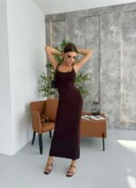 Женское Легкое Длинное Коричневое Платье на Бретелях с Шнуровкой на Спине