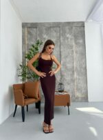 Женское Легкое Длинное Коричневое Платье на Бретелях с Шнуровкой на Спине