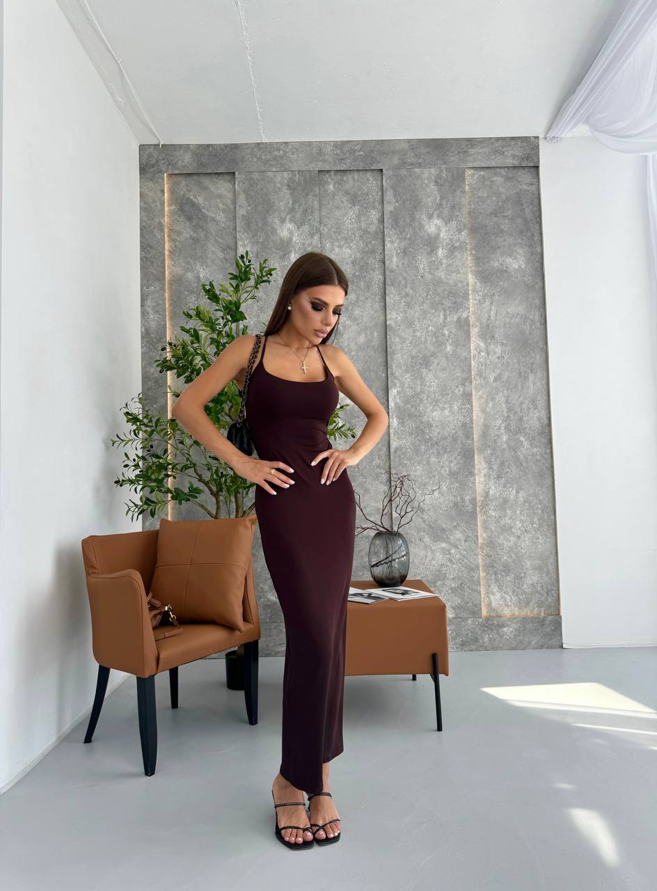 photo_2025-07-05_09-55-24 (2) Женское Легкое Длинное Коричневое Платье на Бретелях с Шнуровкой на Спине