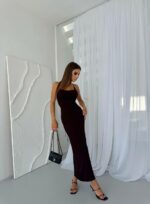 Женское Легкое Длинное Черное Платье на Бретелях с Шнуровкой на Спине