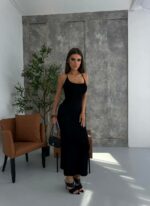 Женское Легкое Длинное Черное Платье на Бретелях с Шнуровкой на Спине