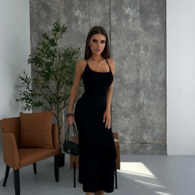 Женское Легкое Длинное Черное Платье на Бретелях с Шнуровкой на Спине