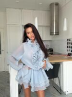 Женское Воздушное Объемное Голубое Платье Мини с Рюшами и Цветами