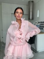 Женское Воздушное Объемное Розовое Платье Мини с Рюшами и Цветами