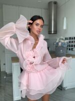 Женское Воздушное Объемное Розовое Платье Мини с Рюшами и Цветами