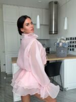 Женское Воздушное Объемное Розовое Платье Мини с Рюшами и Цветами