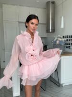 Женское Воздушное Объемное Розовое Платье Мини с Рюшами и Цветами