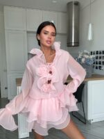 Женское Воздушное Объемное Розовое Платье Мини с Рюшами и Цветами