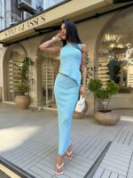 Женский Трикотажный Голубой Костюм - Асимметричный Топ + Длинная Юбка с Разрезом