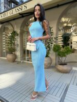 Женский Трикотажный Голубой Костюм - Асимметричный Топ + Длинная Юбка с Разрезом