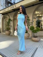 Женский Трикотажный Голубой Костюм - Асимметричный Топ + Длинная Юбка с Разрезом