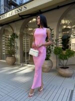 Женский Трикотажный Розовый Костюм - Асимметричный Топ + Длинная Юбка с Разрезом