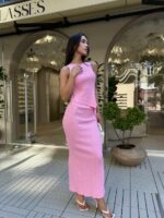 Женский Трикотажный Розовый Костюм - Асимметричный Топ + Длинная Юбка с Разрезом