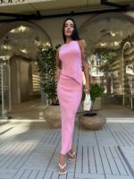 Женский Трикотажный Розовый Костюм - Асимметричный Топ + Длинная Юбка с Разрезом