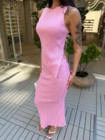 Женский Трикотажный Розовый Костюм - Асимметричный Топ + Длинная Юбка с Разрезом