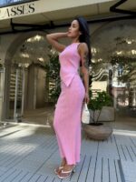 Женский Трикотажный Розовый Костюм - Асимметричный Топ + Длинная Юбка с Разрезом