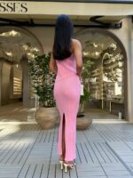Женский Трикотажный Розовый Костюм - Асимметричный Топ + Длинная Юбка с Разрезом