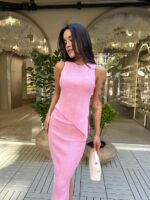 Женский Трикотажный Розовый Костюм - Асимметричный Топ + Длинная Юбка с Разрезом