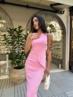 Женский Трикотажный Розовый Костюм - Асимметричный Топ + Длинная Юбка с Разрезом