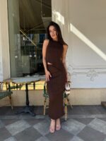 Женский Трикотажный Коричневый Костюм - Асимметричный Топ + Длинная Юбка с Разрезом