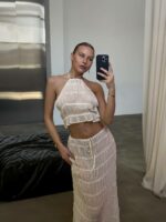 Женский Легкий Полупрозрачный Молочный Пляжный Комплект с Открытой Спиной (Топ + Юбка)