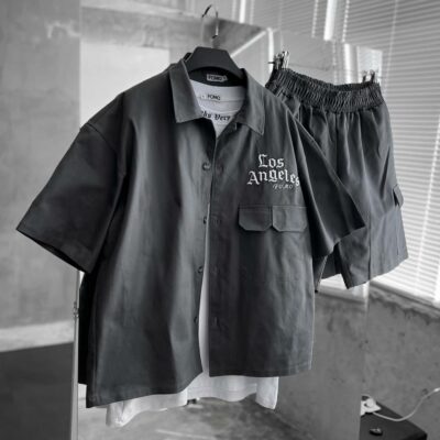 Мужской Коттоновый Графитовый Летний Костюм Рубашка Шорты Свободного Кроя с Вышивкой и Накладными Карманами