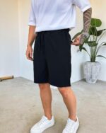 Мужские Базовые Летние Черные Шорты Лен Свободного Кроя