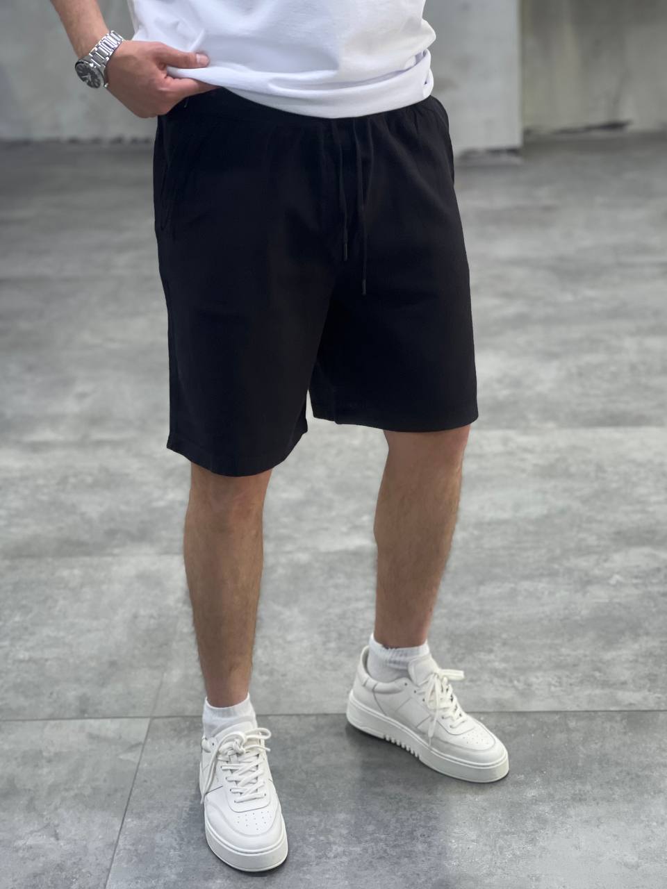 photo_2025-07-12_08-55-41 Мужские Базовые Летние Черные Шорты Лен Свободного Кроя